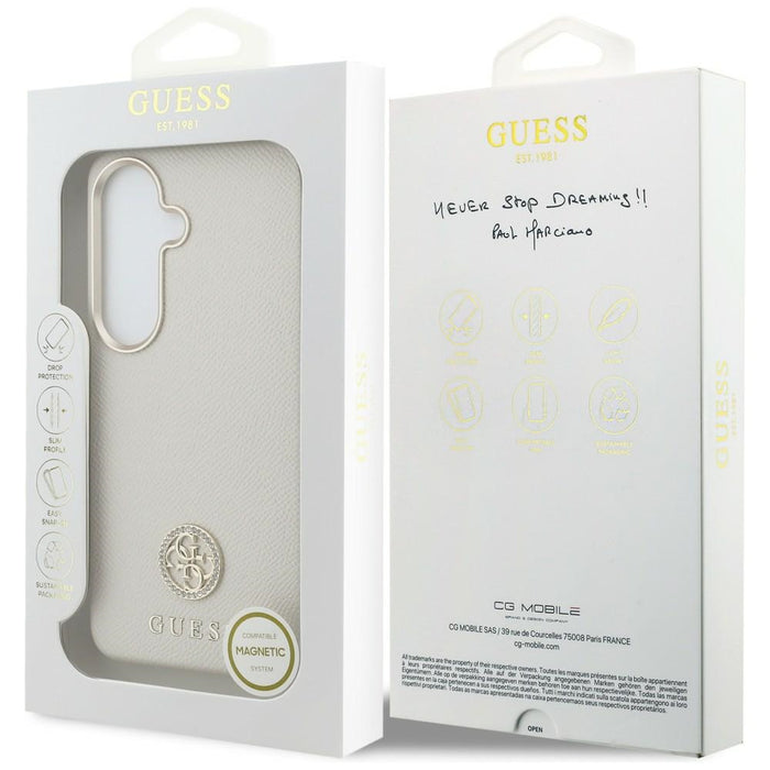 Калъф Guess MagSafe с кръгло лого с кристали за Samsung Galaxy S26+ - бежов