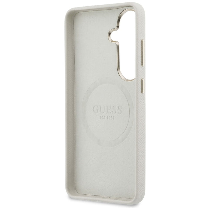 Калъф Guess MagSafe с кръгло лого с кристали за Samsung Galaxy S26+ - бежов