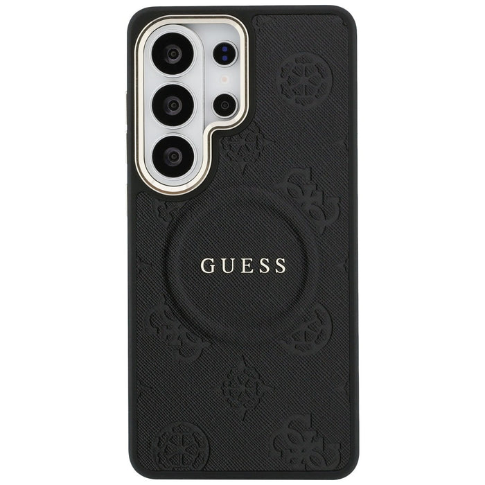 Калъф Guess Saffiano Peony с релефен пръстен MagSafe за Samsung Galaxy S26 Ultra - черен