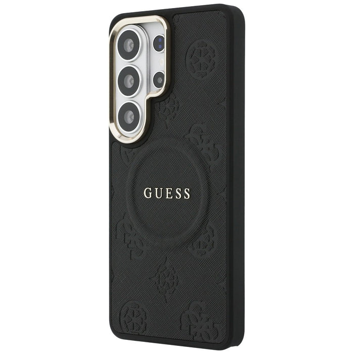 Калъф Guess Saffiano Peony с релефен пръстен MagSafe за Samsung Galaxy S26 Ultra - черен
