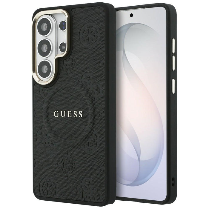 Калъф Guess Saffiano Peony с релефен пръстен MagSafe за Samsung Galaxy S26 Ultra - черен