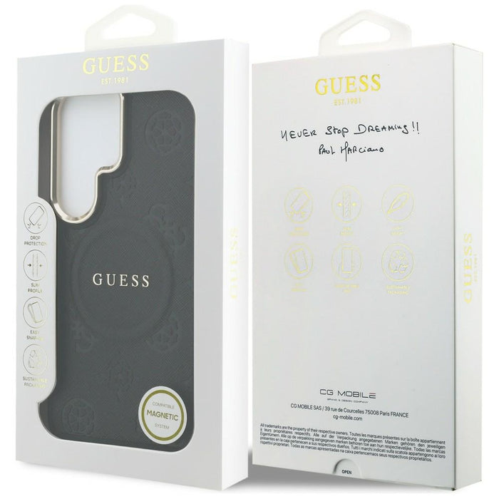 Калъф Guess Saffiano Peony с релефен пръстен MagSafe за Samsung Galaxy S26 Ultra - черен