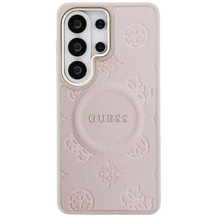 Калъф Guess Saffiano Peony с релефен пръстен MagSafe за Samsung Galaxy S26 Ultra - розов