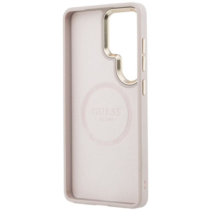 Калъф Guess Saffiano Peony с релефен пръстен MagSafe за Samsung Galaxy S26 Ultra - розов