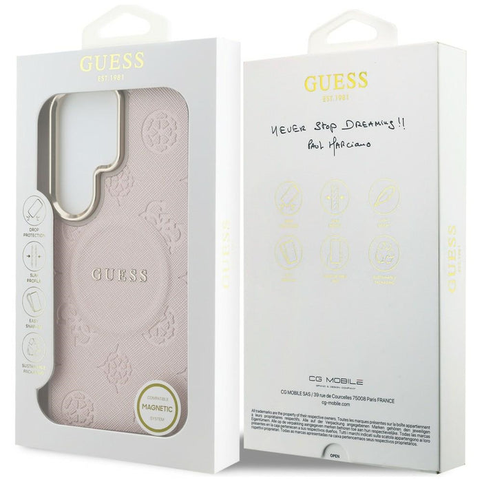 Калъф Guess Saffiano Peony с релефен пръстен MagSafe за Samsung Galaxy S26 Ultra - розов