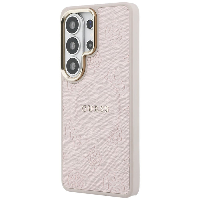 Калъф Guess Saffiano Peony с релефен пръстен MagSafe за Samsung Galaxy S26 Ultra - розов