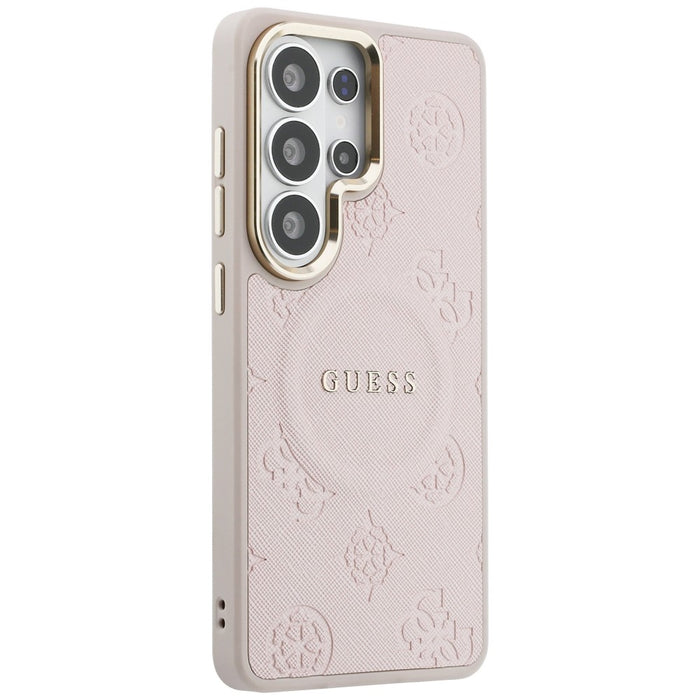 Калъф Guess Saffiano Peony с релефен пръстен MagSafe за Samsung Galaxy S26 Ultra - розов