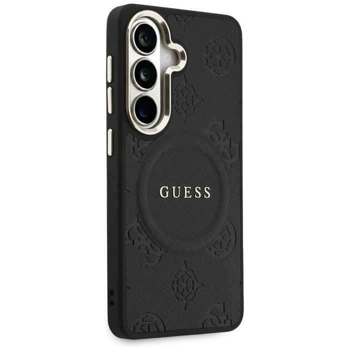 Калъф Guess Saffiano Peony Embossed Ring MagSafe за Samsung Galaxy S26+ - черен