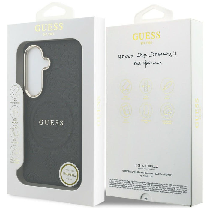 Калъф Guess Saffiano Peony Embossed Ring MagSafe за Samsung Galaxy S26+ - черен
