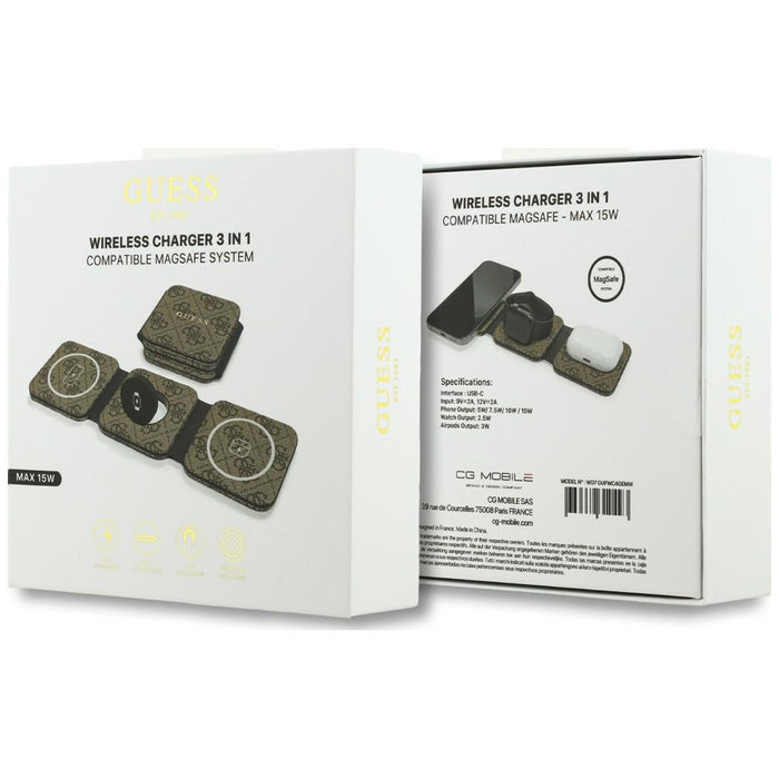 Безжично зарядно устройство Guess 4G MagSafe 3-в-1 15W - кафяво