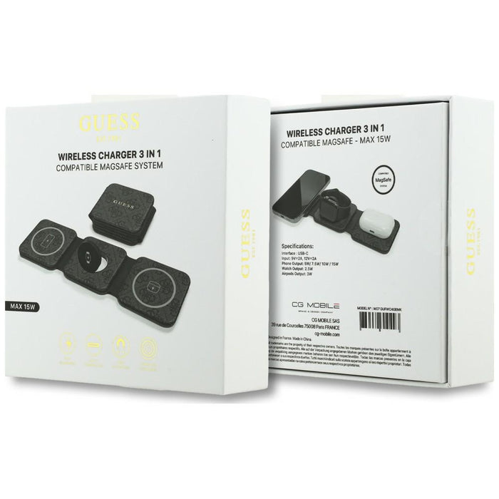 Безжично зарядно устройство Guess 4G 3-в-1 15W MagSafe - черно