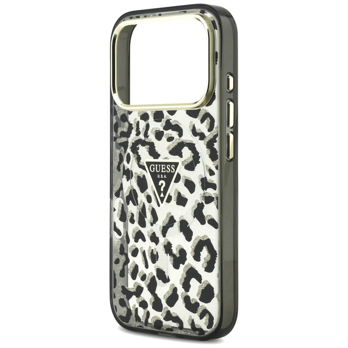 Калъф Guess IML Leopard Glitter Triangle Logo MagSafe за iPhone 17 Pro / 18 Pro - черен