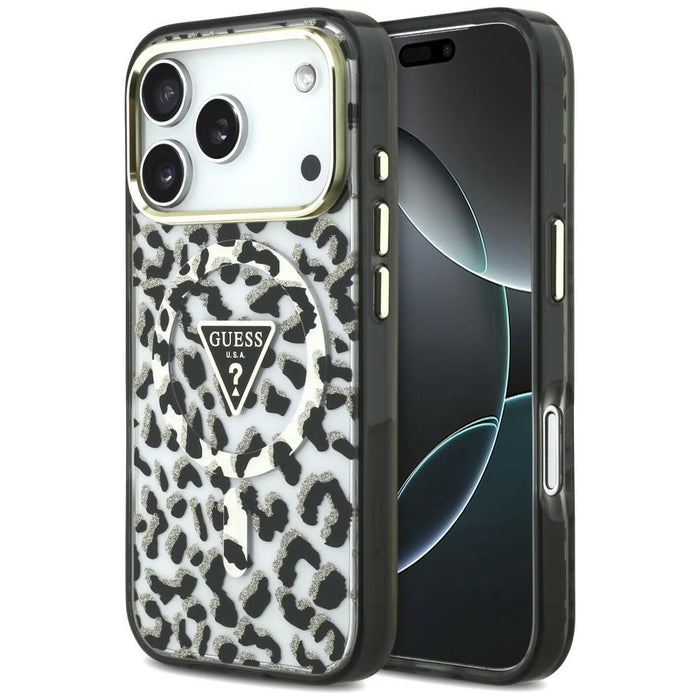 Калъф Guess IML Leopard Glitter Triangle Logo MagSafe за iPhone 17 Pro / 18 Pro - черен
