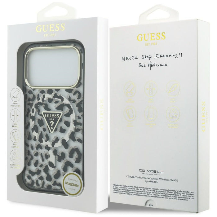 Калъф Guess IML Leopard Glitter Triangle Logo MagSafe за iPhone 17 Pro / 18 Pro - черен