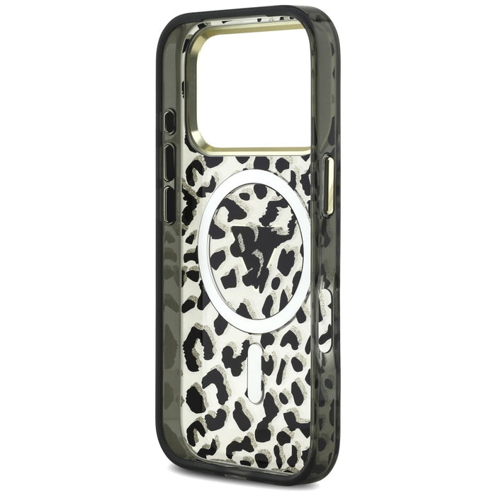 Калъф Guess IML Leopard Glitter Triangle Logo MagSafe за iPhone 17 Pro / 18 Pro - черен