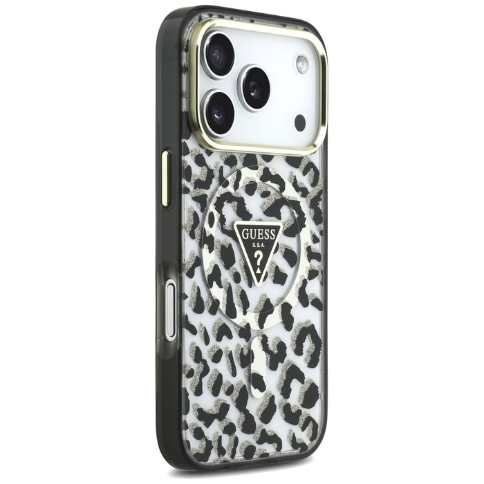 Калъф Guess IML Leopard Glitter Triangle Logo MagSafe за iPhone 17 Pro / 18 Pro - черен