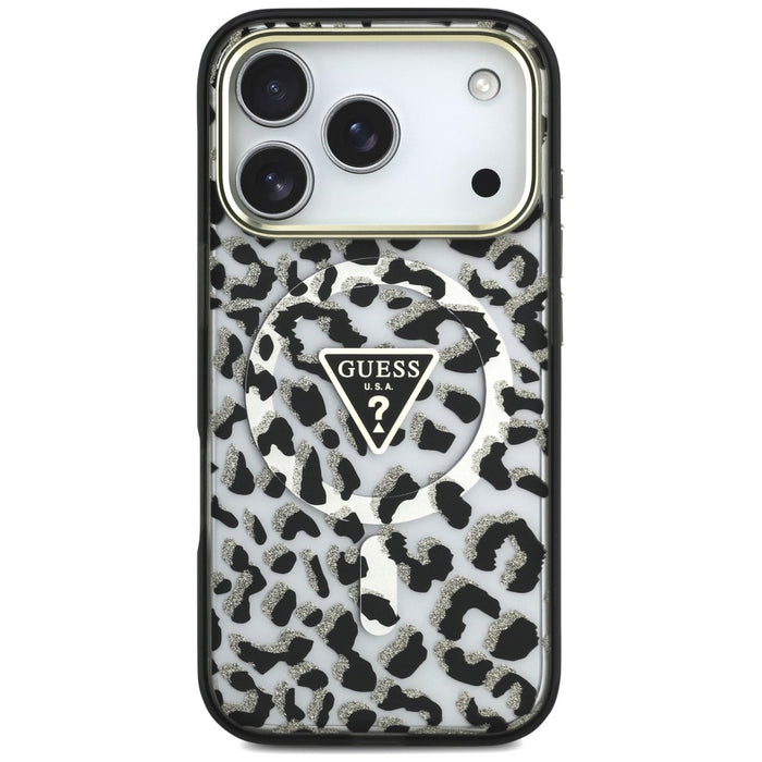 Калъф Guess IML Leopard Glitter Triangle Logo MagSafe за iPhone 17 Pro / 18 Pro - черен