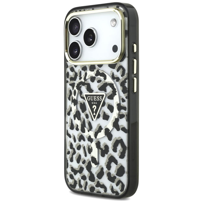 Калъф Guess IML Leopard Glitter Triangle Logo MagSafe за iPhone 17 Pro / 18 Pro - черен