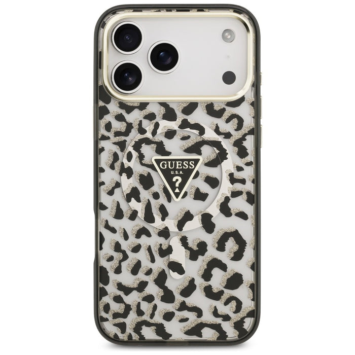 Калъф Guess IML Leopard Glitter Triangle Logo MagSafe за iPhone 17 Pro Max / 18 Pro Max - черен