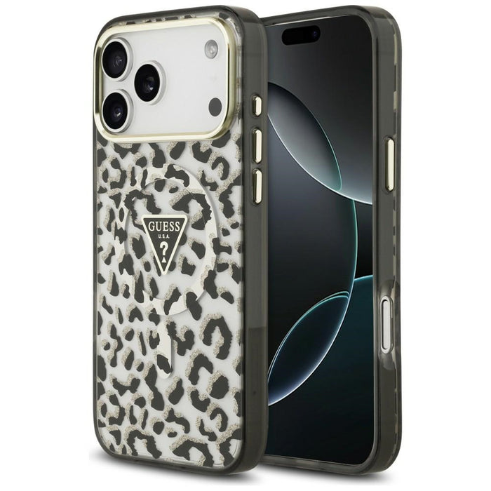 Калъф Guess IML Leopard Glitter Triangle Logo MagSafe за iPhone 17 Pro Max / 18 Pro Max - черен