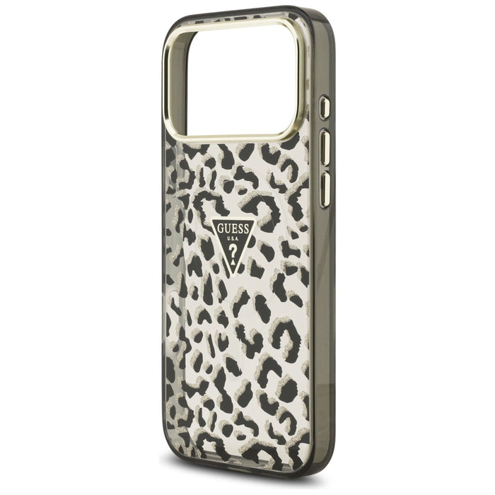 Калъф Guess IML Leopard Glitter Triangle Logo MagSafe за iPhone 17 Pro Max / 18 Pro Max - черен