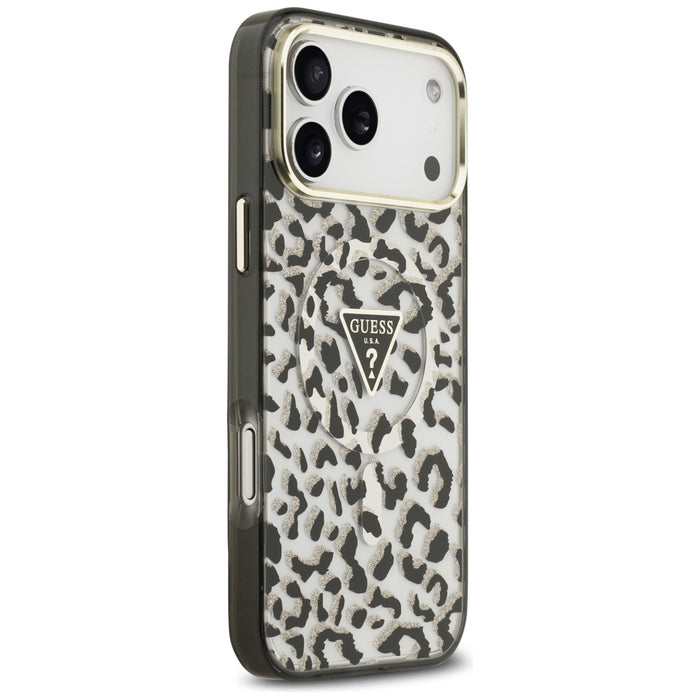 Калъф Guess IML Leopard Glitter Triangle Logo MagSafe за iPhone 17 Pro Max / 18 Pro Max - черен
