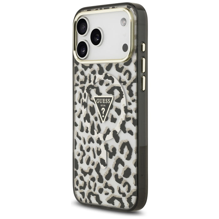 Калъф Guess IML Leopard Glitter Triangle Logo MagSafe за iPhone 17 Pro Max / 18 Pro Max - черен