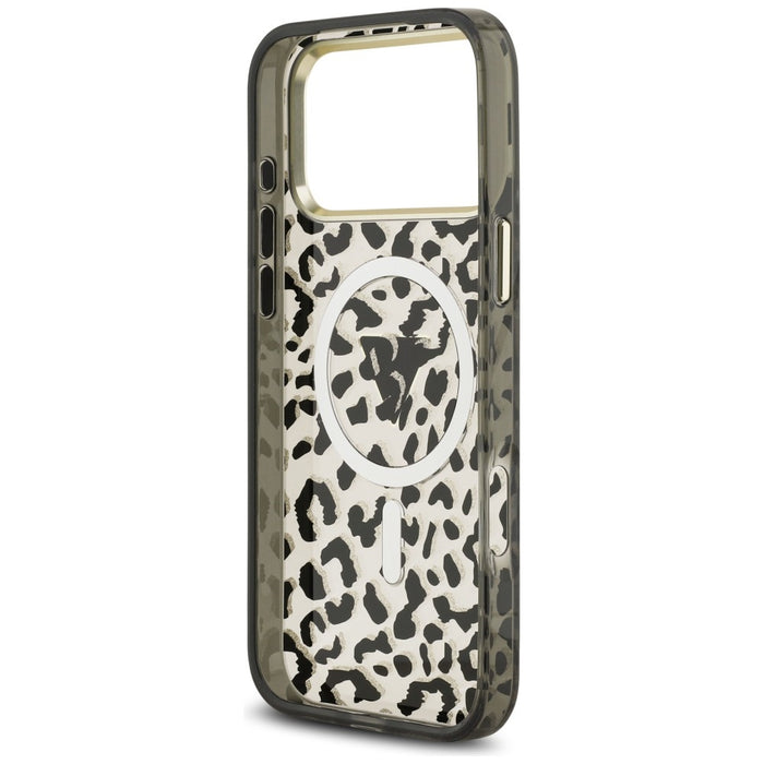 Калъф Guess IML Leopard Glitter Triangle Logo MagSafe за iPhone 17 Pro Max / 18 Pro Max - черен
