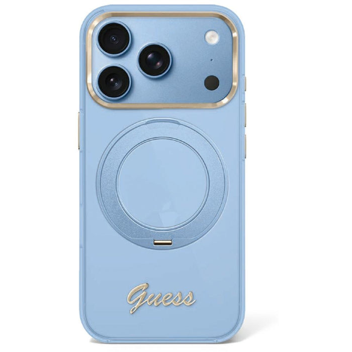 Калъф Guess IML Ring Stand 360 Script Metal Logo MagSafe за iPhone 17 Pro / 18 Pro - светло син