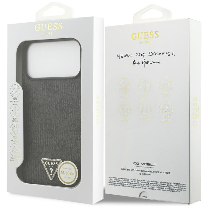 Кожен калъф Guess MagSafe 4G Triangle Strass за iPhone 17 Pro Max / 18 Pro Max - черен