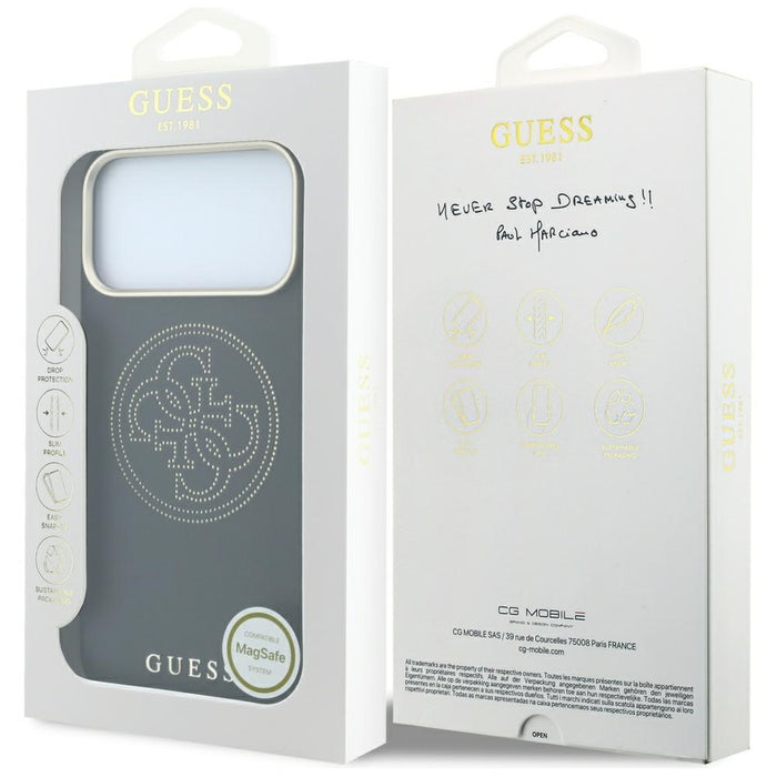 Калъф Guess Perforated 4G MagSafe със златно лого за iPhone 17 Pro / 18 Pro - черен