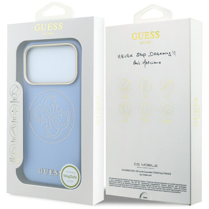 Калъф Guess Perforated 4G MagSafe със златно лого за iPhone 18 Pro Max / 17 Pro Max - светло син