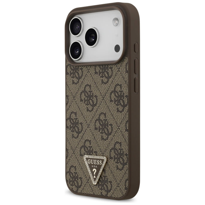Кожен калъф Guess 4G Triangle Strass MagSafe за iPhone 18 Pro / 17 Pro - кафяв