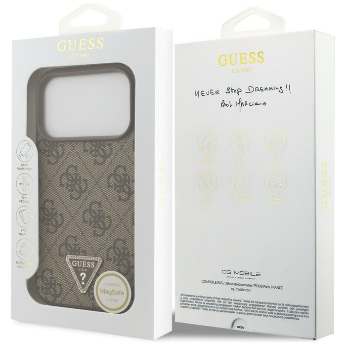 Кожен калъф Guess 4G Triangle Strass MagSafe за iPhone 18 Pro / 17 Pro - кафяв