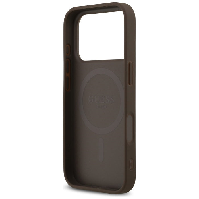 Кожен калъф Guess 4G Triangle Strass MagSafe за iPhone 18 Pro / 17 Pro - кафяв