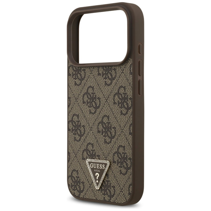 Кожен калъф Guess 4G Triangle Strass MagSafe за iPhone 18 Pro / 17 Pro - кафяв