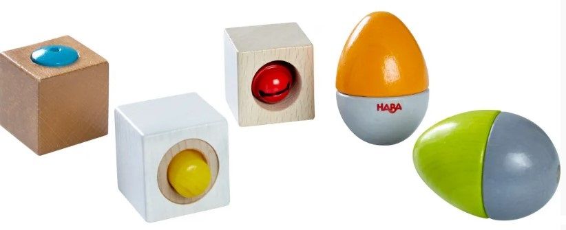 Конструктор Haba - Дървени музикални яйца и кубчета, 5 части