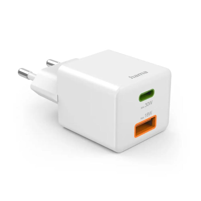 HAMA Бързо мини Gan зарядно 30 W 1x USB-C 1x USB-A PD бял