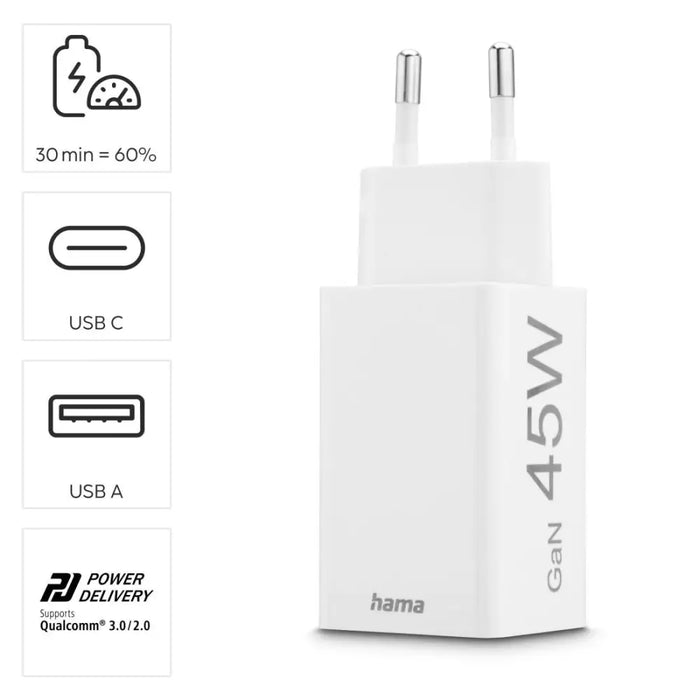 HAMA Бързо мини зарядно 45 W 1x USB-C - 1x USB-A PD бяло
