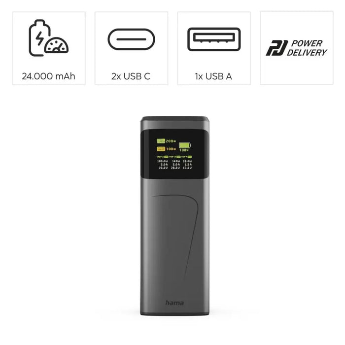 HAMA Външна батерия „High Power“ 200 W 24000 mAh 2x USB-C