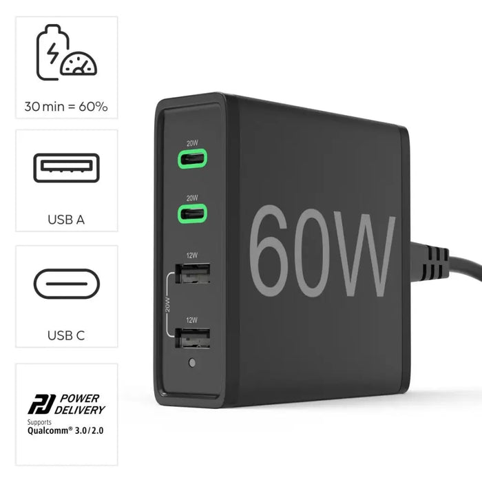 HAMA Зарядна станция 4 порта 60W 2 x USB-C 2 x USB-A PD