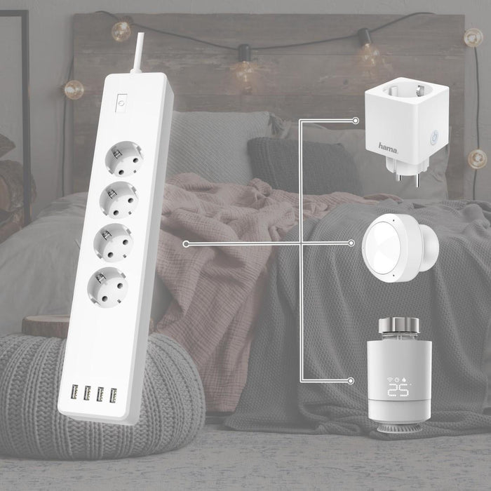 HAMA Смарт разклонител Wi-Fi  2.4Ghz, 4 гнезда, 4xUSB, 1.7 m, бял