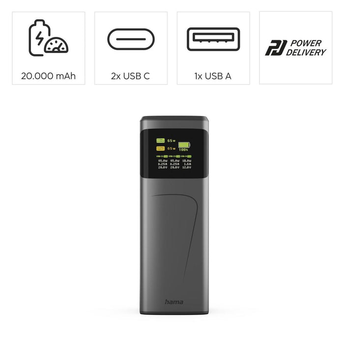 HAMA Външна батерия &ldquo;High Power&rdquo;, 65 W, 20000 mAh, 2x USB-C, USB-A, Fast Charging