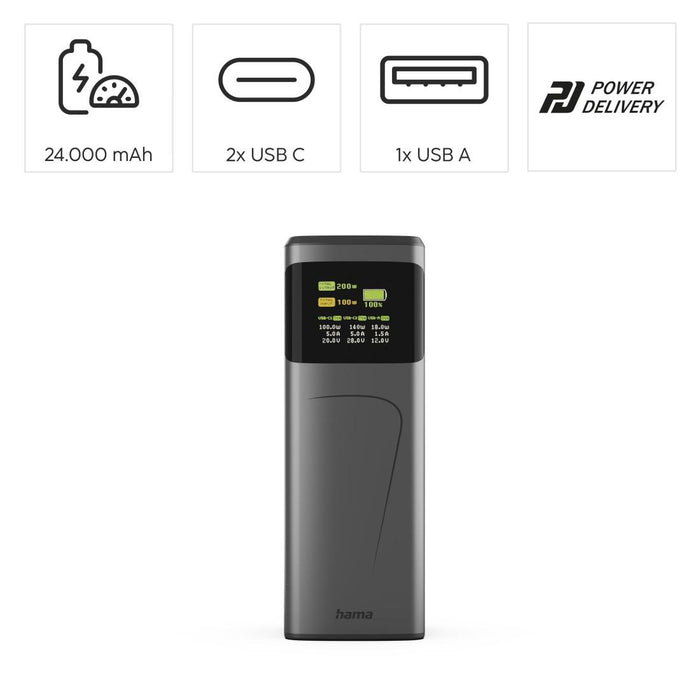 HAMA Външна батерия &bdquo;High Power&ldquo;, 200 W, 24000 mAh, 2x USB-C, USB-A, бързо зареждане
