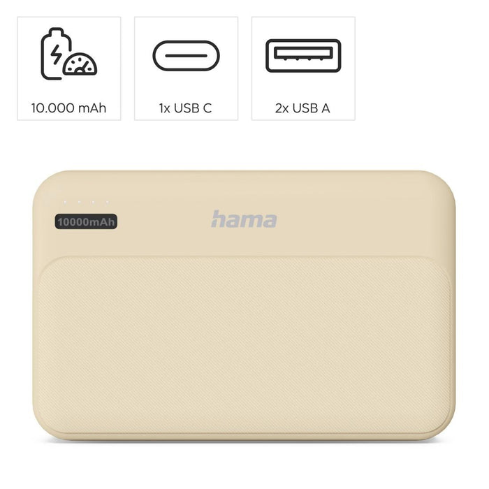 HAMA Външна батерия "Pocket 10", 10000 mAh, Изходи: 2x USB-A, бежов