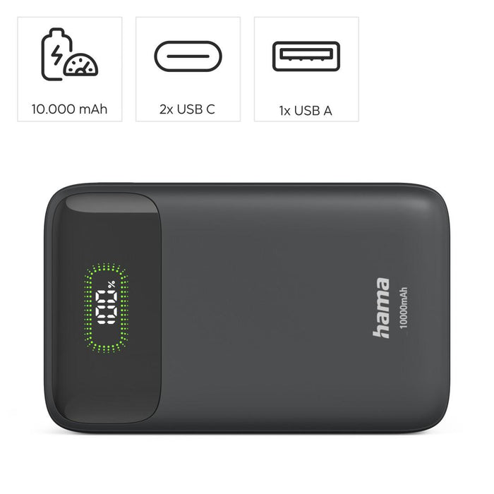 HAMA Външна батерия "PD10-W20", 10000 mAh, 3 изхода: 2 x USB-C, USB-A, Бързо зареждане