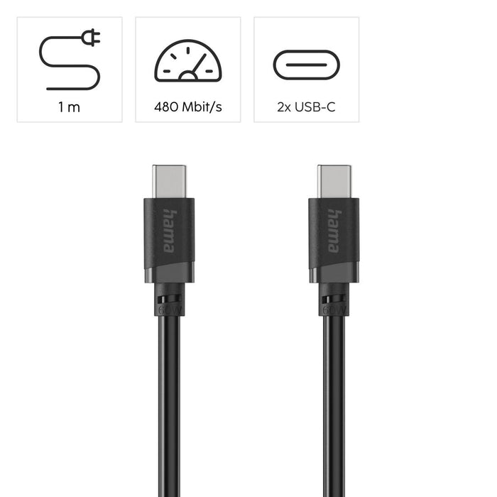 HAMA Кабел USB-C мъжко&ndash; USB-C мъжко, 60 W, 1 m, черен