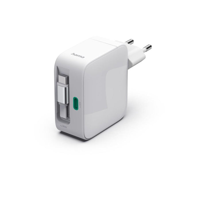HAMA Бързо зарядно, 30 W, GaN, 2x USB-C, с разтегателен кабел 0.7м, бял