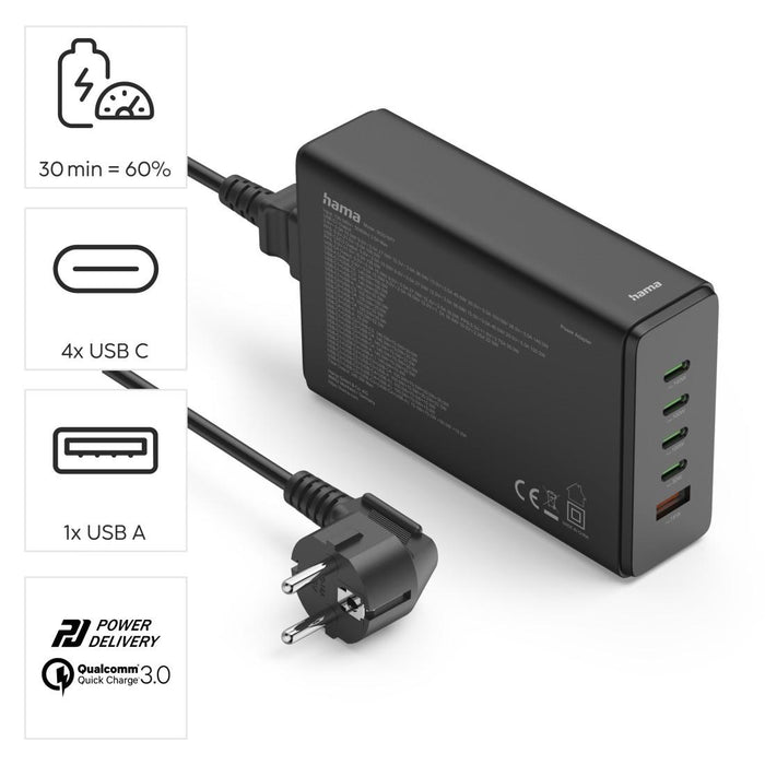HAMA Зарядна станция 240 W, GaN, Fast Charger, 4 x USB-C, 1 x USB-A, PD