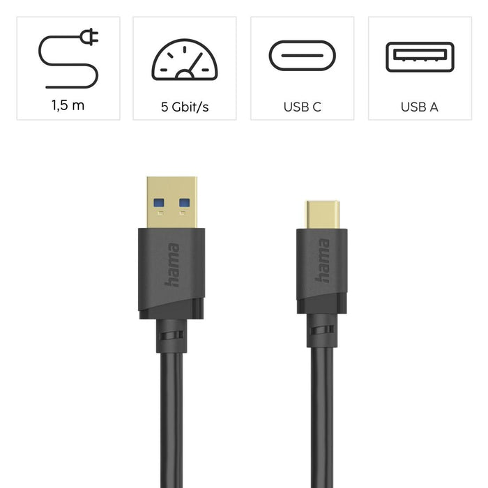 Кабел USB-C - USB-A 3.2 Gen.1 мъжко, 1.5 м, 5 GBit/s